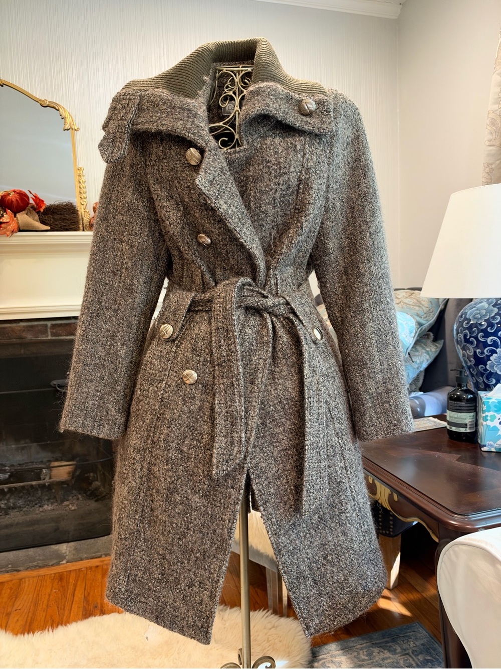 Calvin Klein Gray Tweed Belted Trench Coat